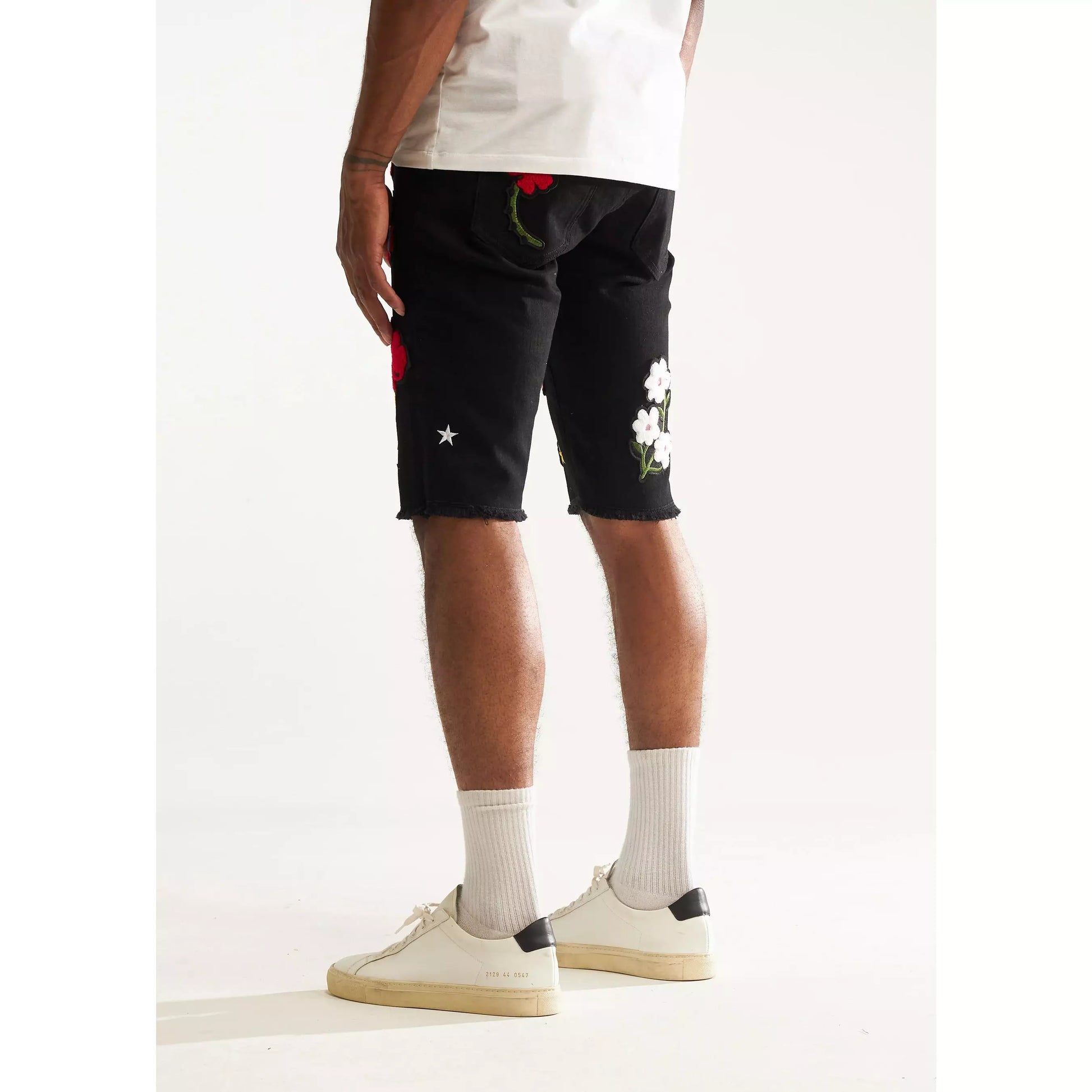 Embellished Black Shorts with Unique Floral Embroidery