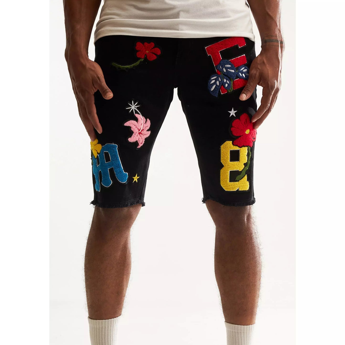 Fashionable Black Denim Shorts with Intricate Embroidery and Distressed Look