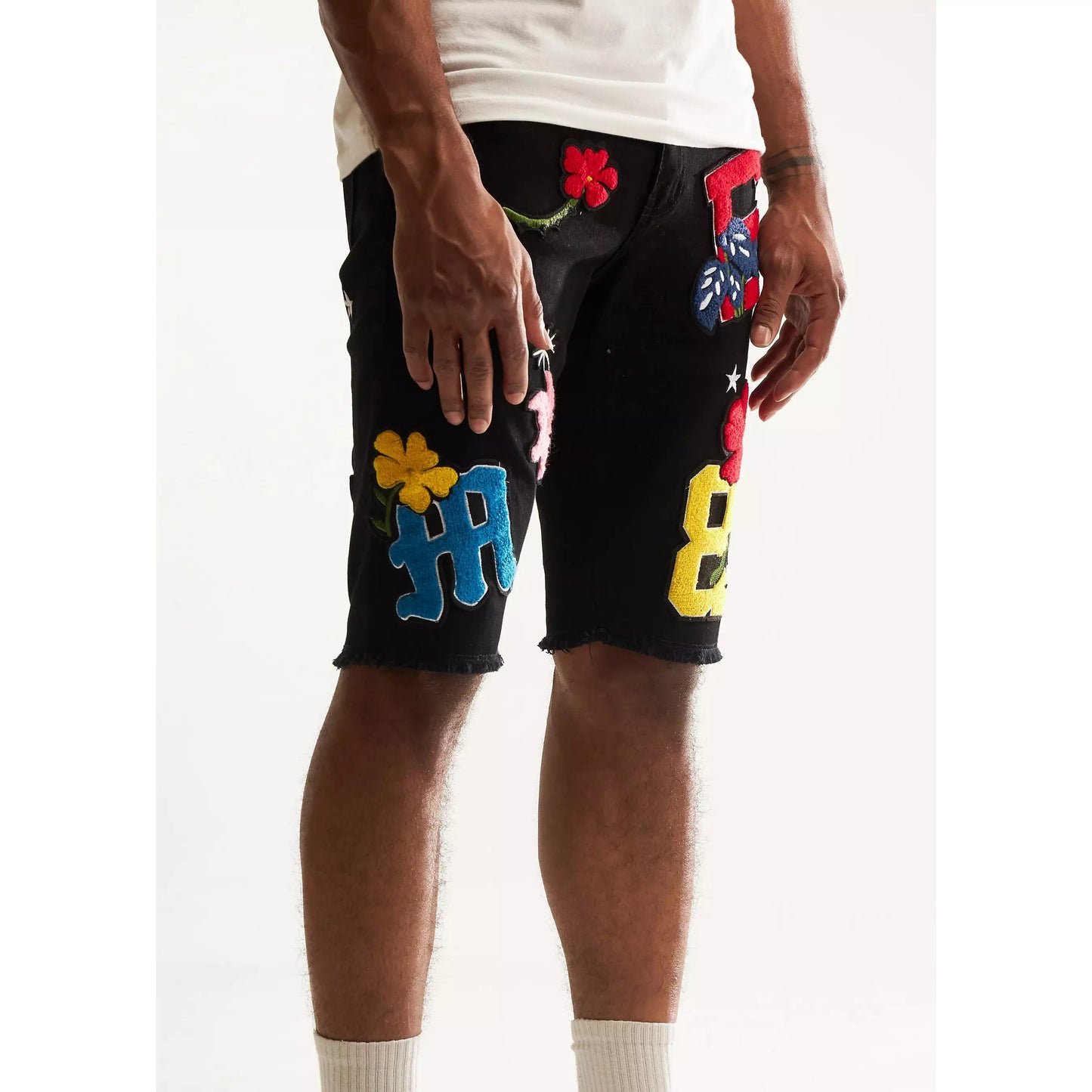EMBSP222-137 Product Image featuring Black Denim Shorts with Embellished Nille Patch