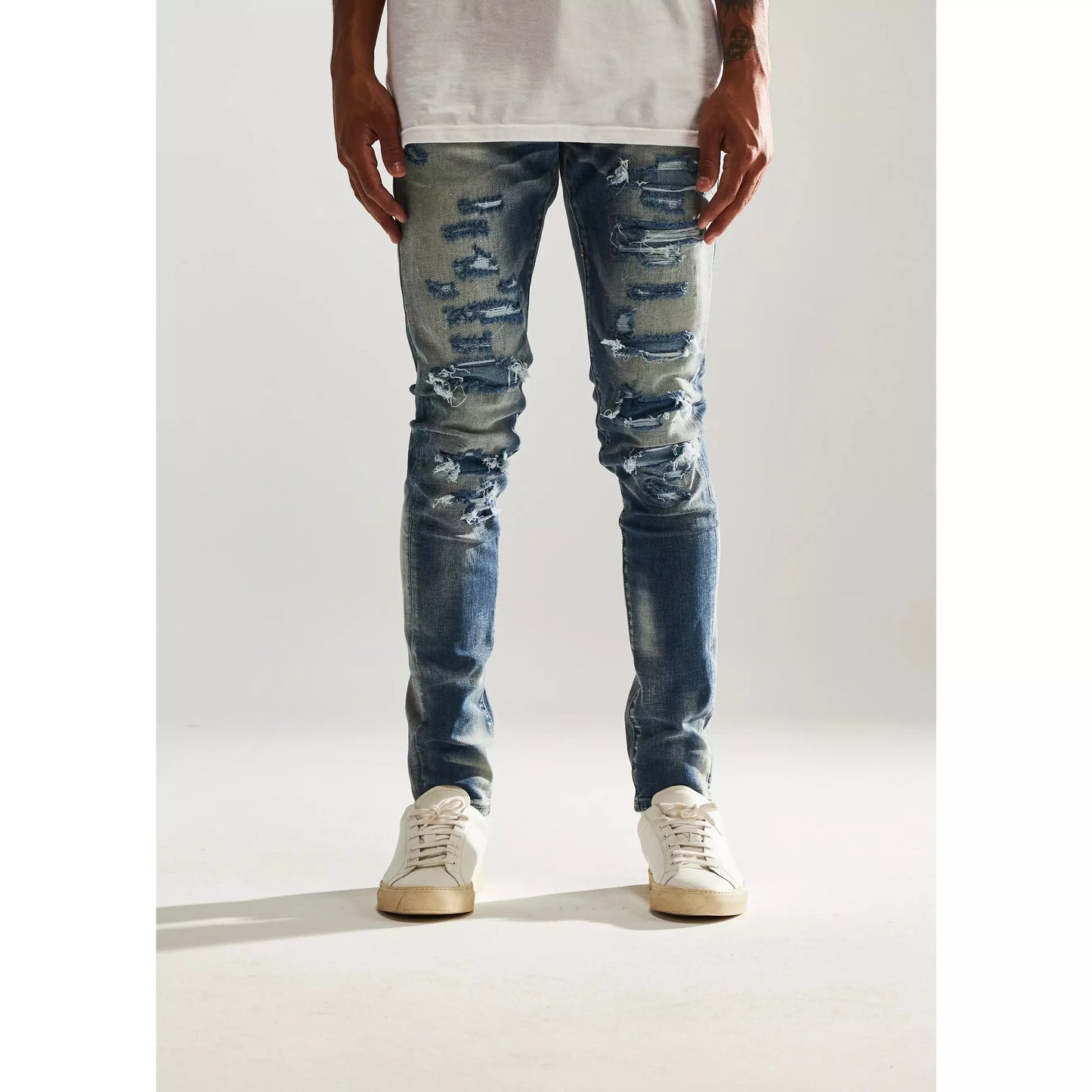 Embellish Mont Ripped Denim Jeans in dark blue wash and distressed design