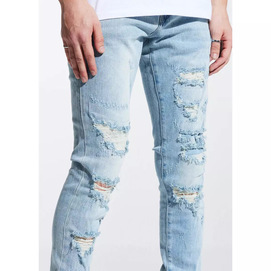 Side view of Crysp Denim Atlantic Blue Denim Jeans highlighting the whiskering and contrast stitching