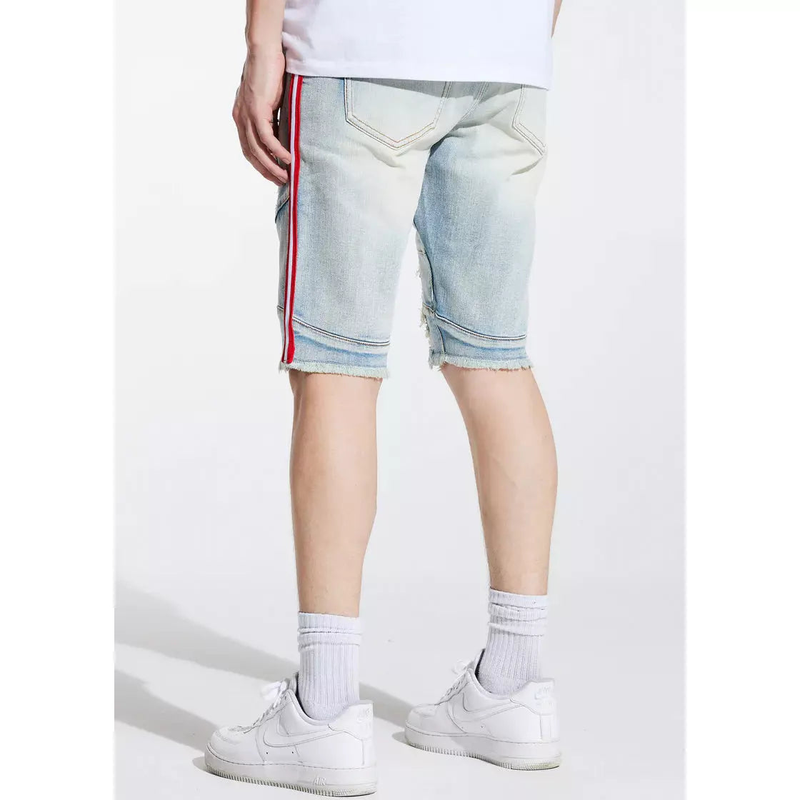 Pair of Crysp Denim Light Blue Striped Line Shorts (CRYSPSP221-132) styled with a white t-shirt and sneakers for a casual outfit