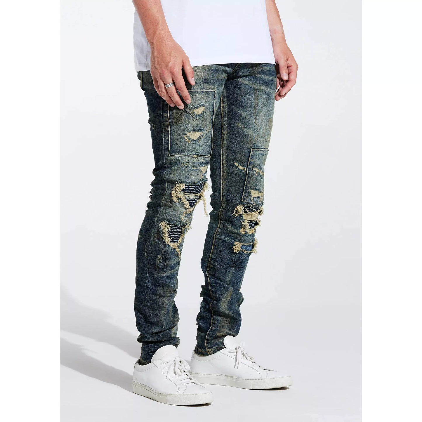 Embellish Fez Rip & Repair Denim (EMBSP221-112) with distressed patches and intricate stitching