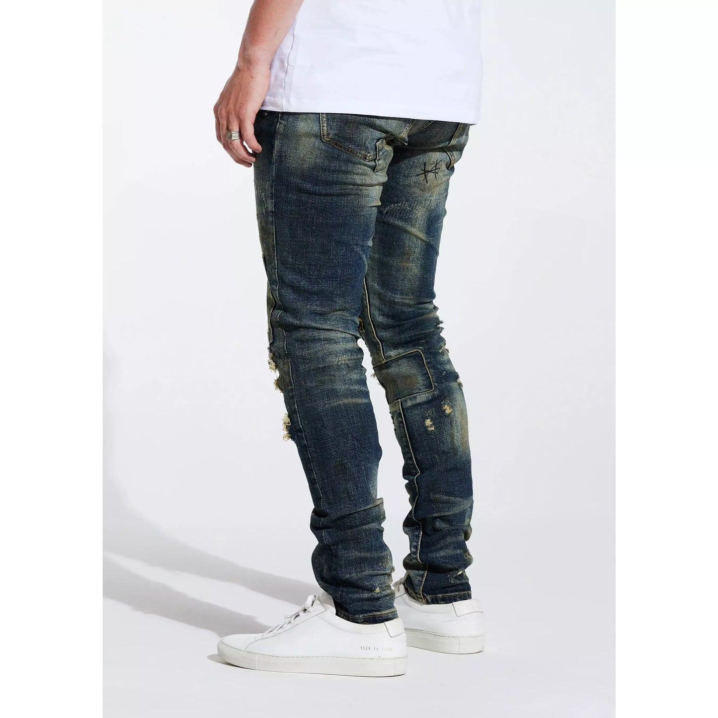 Stylish Embellish Fez Rip & Repair Denim featuring Distinctive Embroidered Accents and Vintage Wash