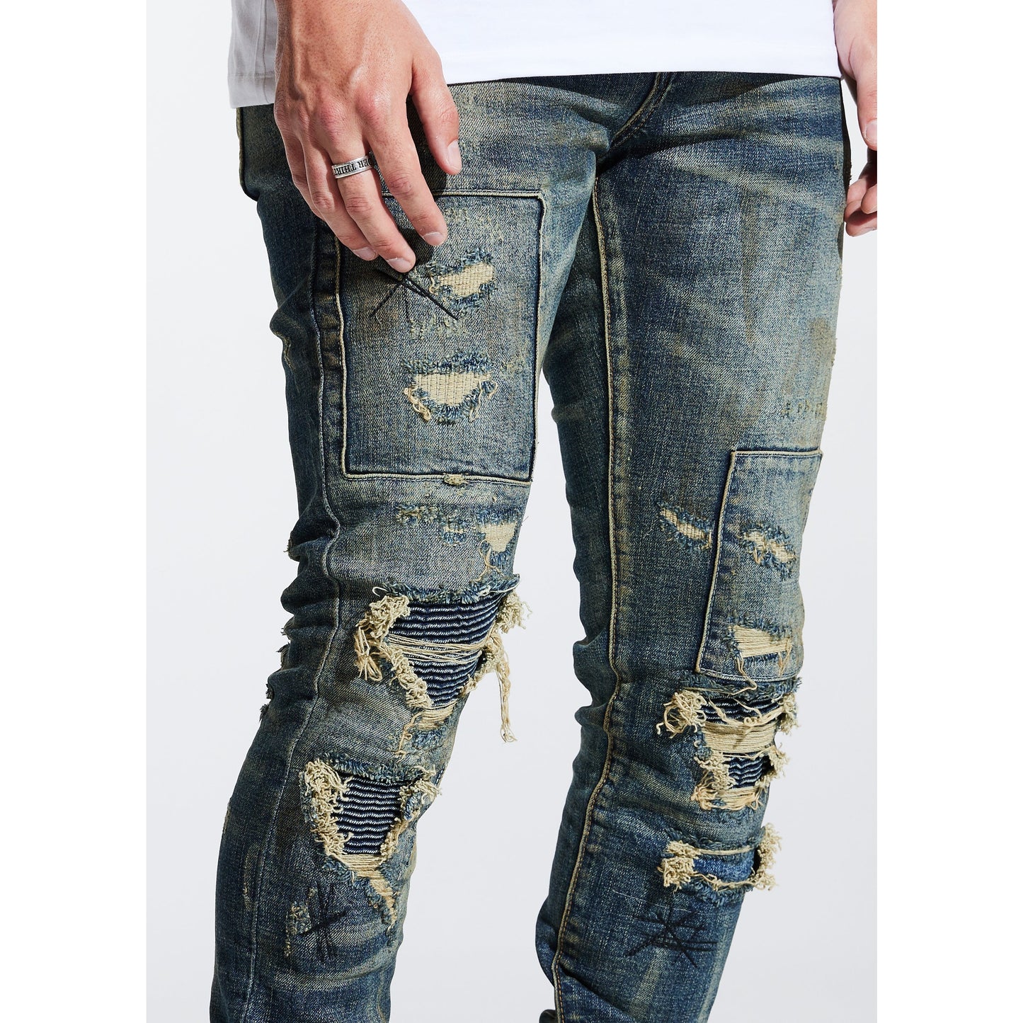 Embellish Fez Rip & Repair Denim (EMBSP221-112) with distressed detailing and stylish patches for a trendy and fashion-forward look