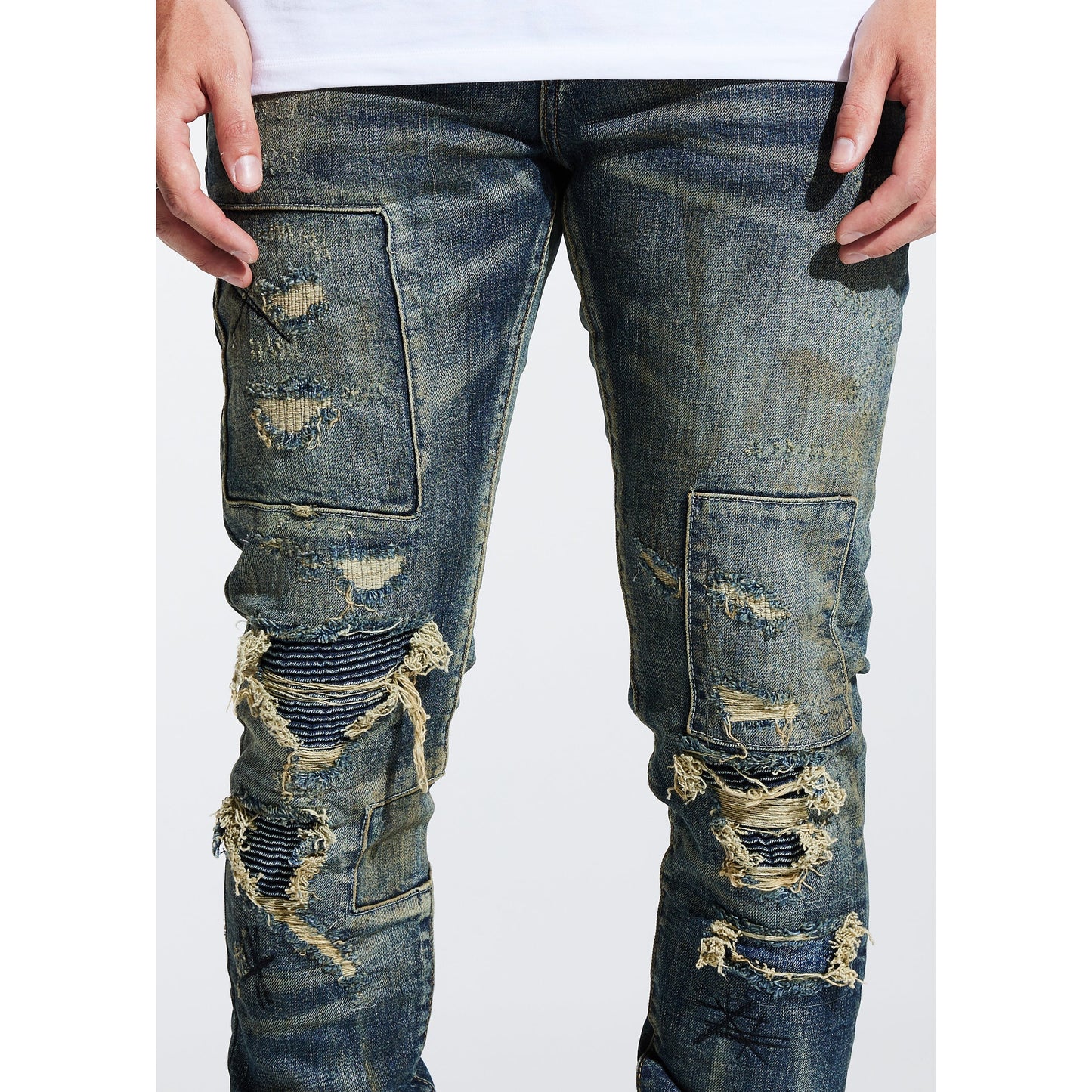 Denim jeans with a fez rip and repair design, style EMBSP221-112