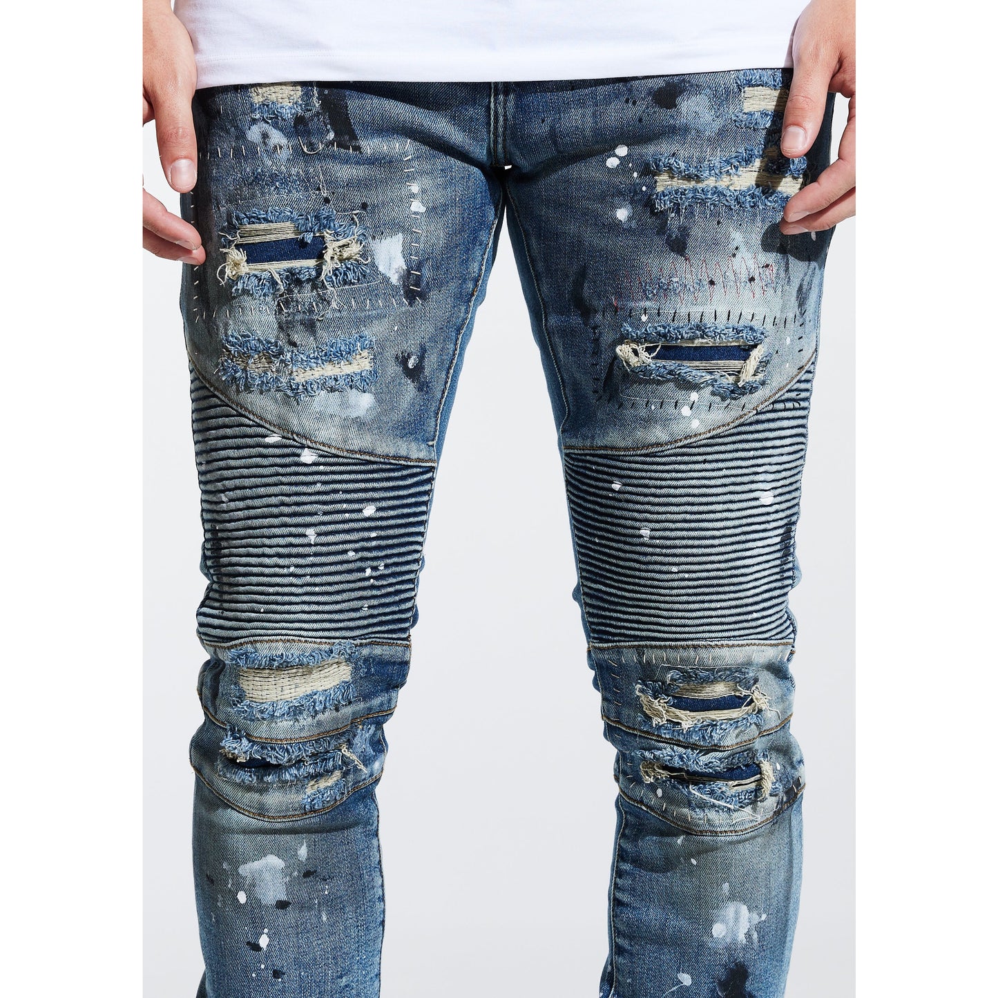 Stylish Embellish Tyson Biker Denim in dark blue with ripped design