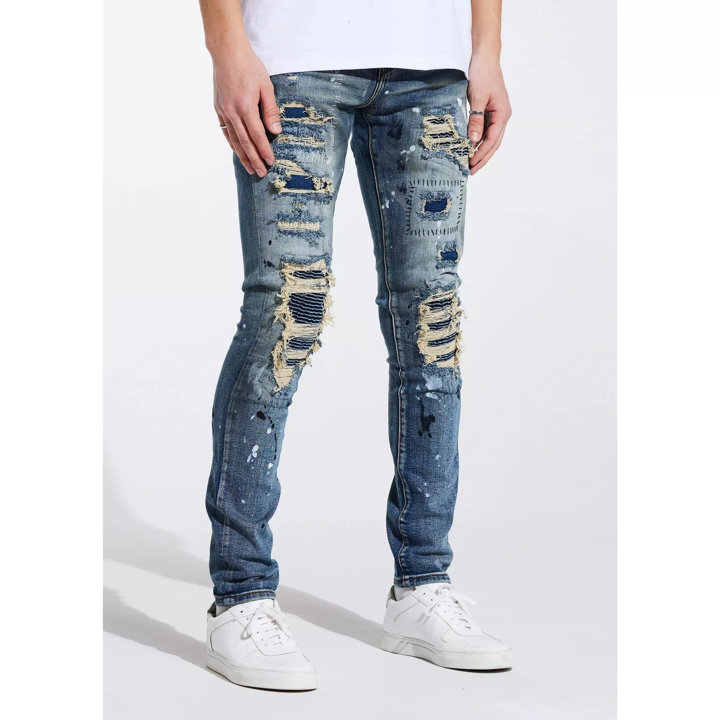 Men's EMBSP221-153 denim jeans with rip and repair design