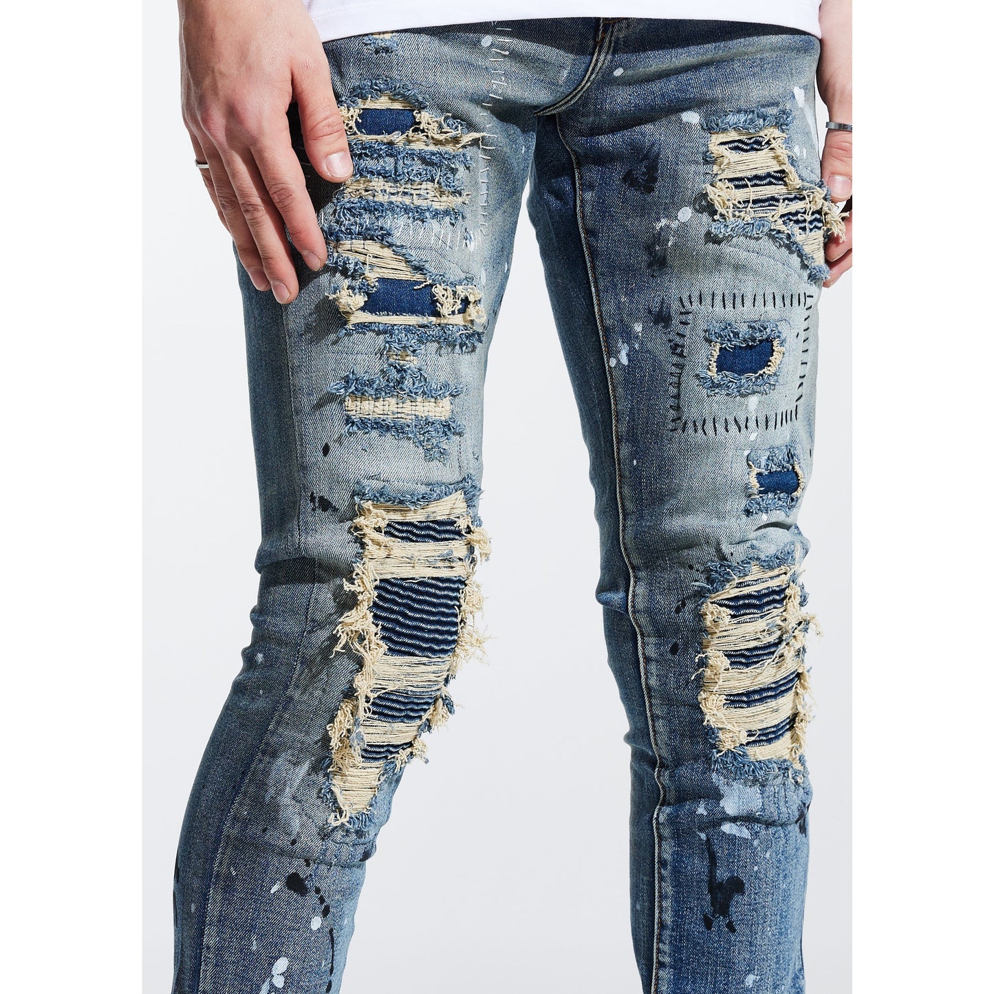 Embellish Tyson Rip & Repair Denim displayed in a stylish and trendy fashion ensemble