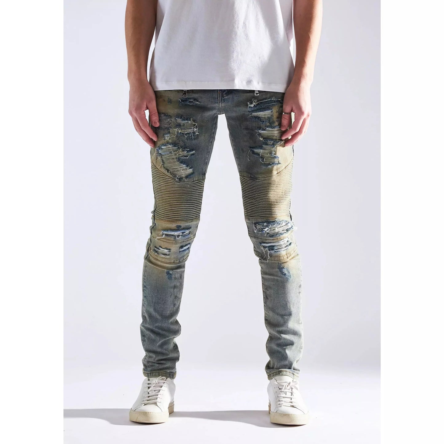 Embellish Fash Biker Denim Jeans (EMBHOL21-2-7) - Distressed blue jeans with intricate biker details and stylish embellishments