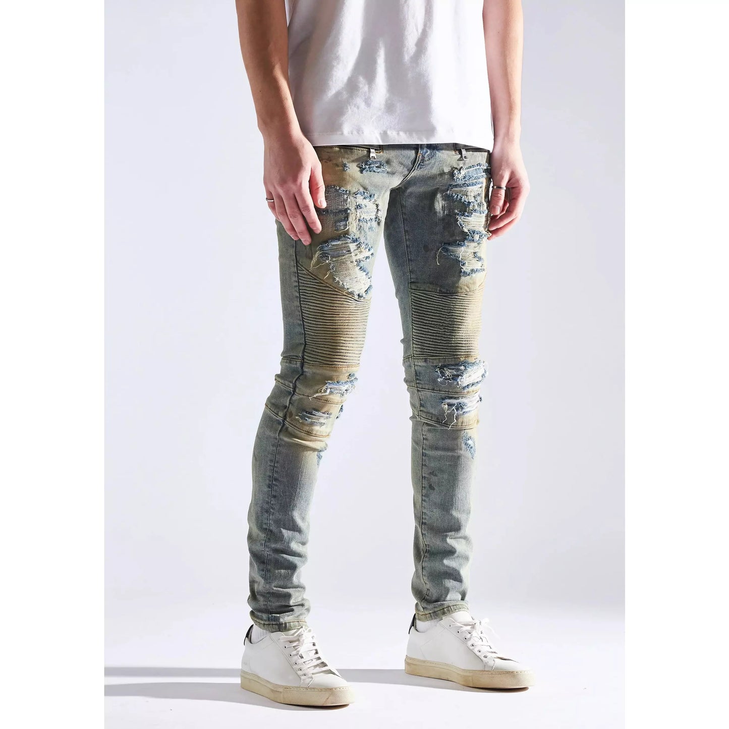 Stylish Embellish Fash Biker Denim Jeans with ribbed detailing, back view