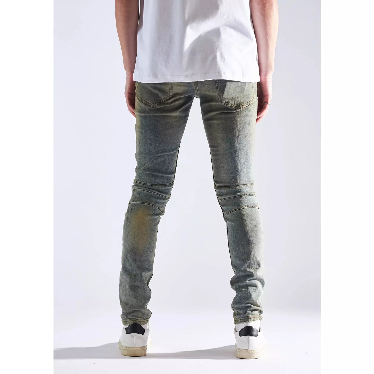 Close-up of Embellish Fash Biker Denim Jeans back pockets and stitching