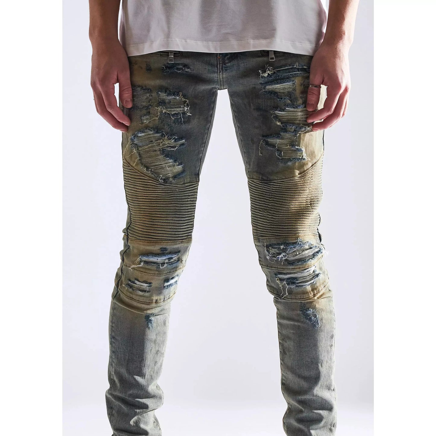 Embellish Fash Biker Denim Jeans worn by a model with edgy street style