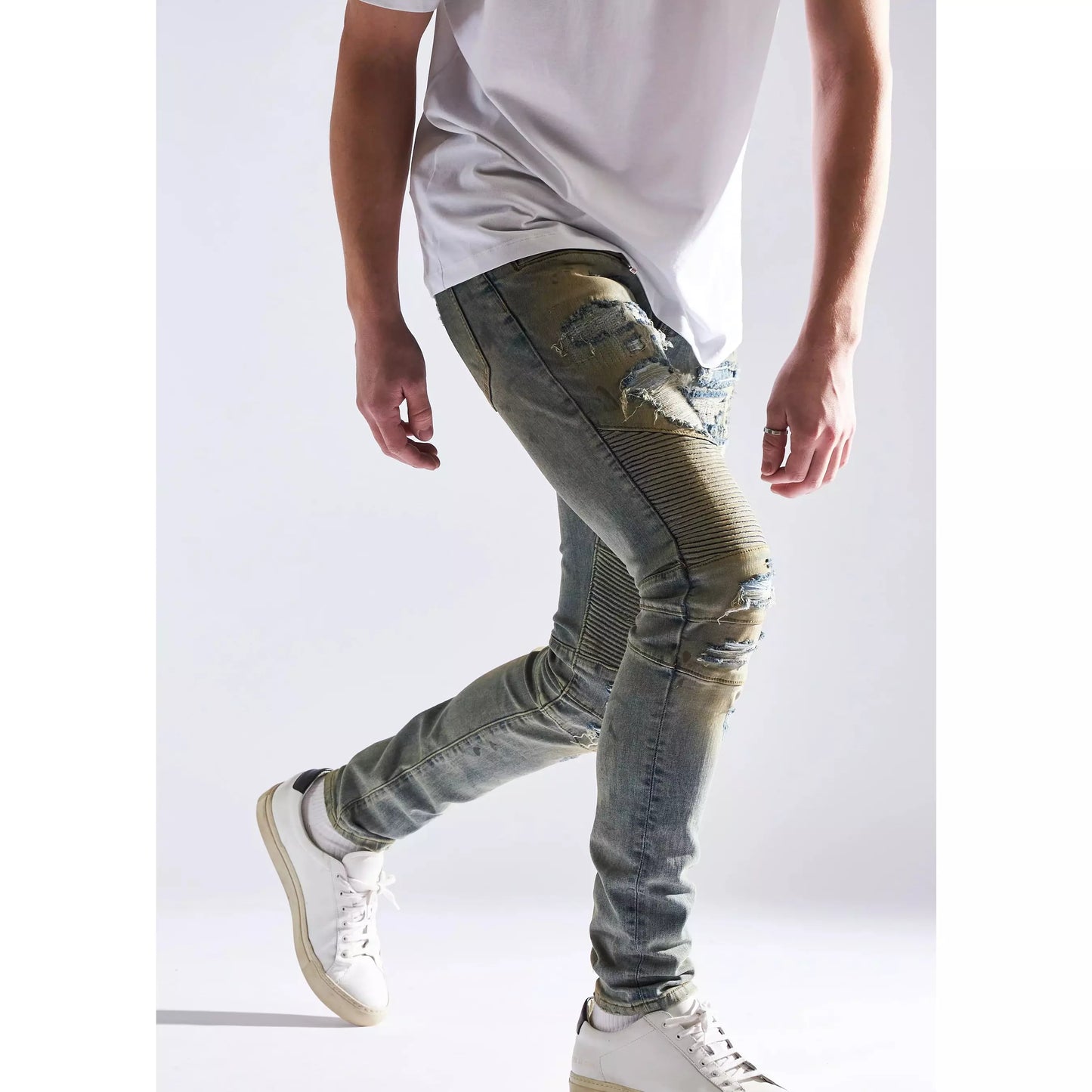 High-quality Embellish Fash Biker Denim Jeans with reinforced biker panels and zippers