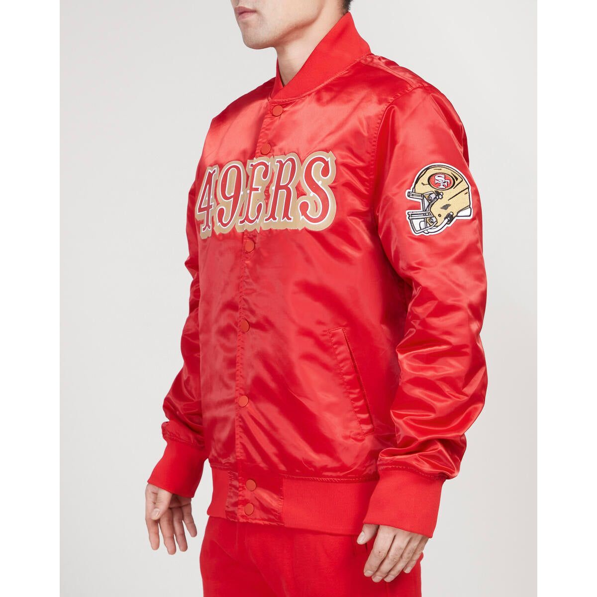 Red satin jacket with San Francisco 49ers big logo embroidered on front