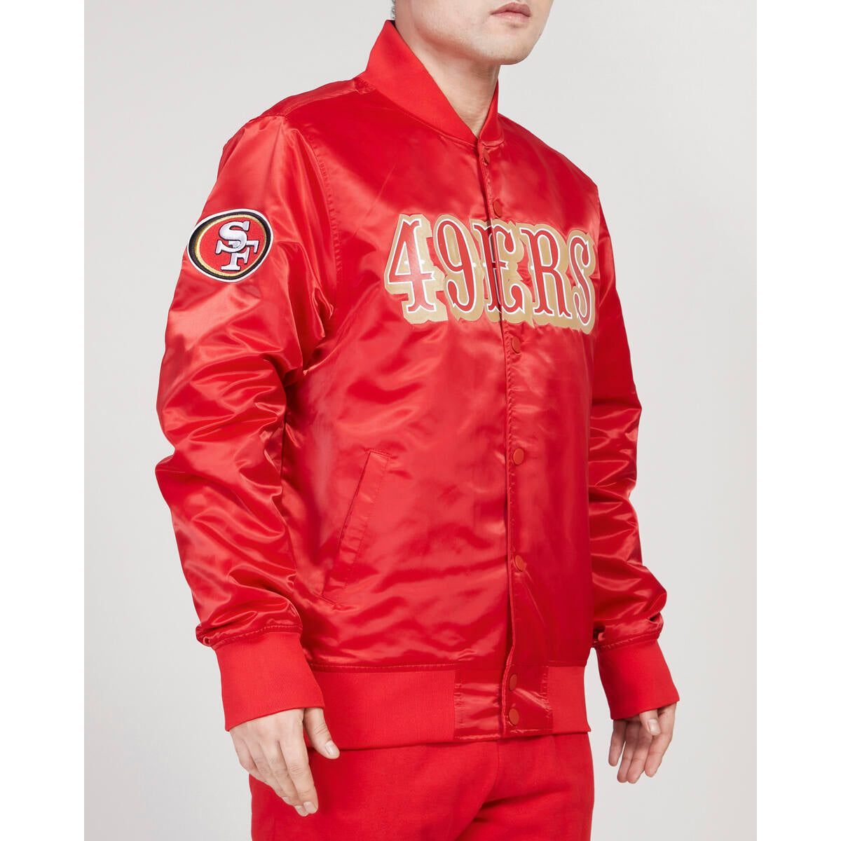 Red Pro Standard San Francisco 49ers Big Logo Satin Jacket featuring team's iconic logo and color, perfect for showing team pride and staying warm during game day