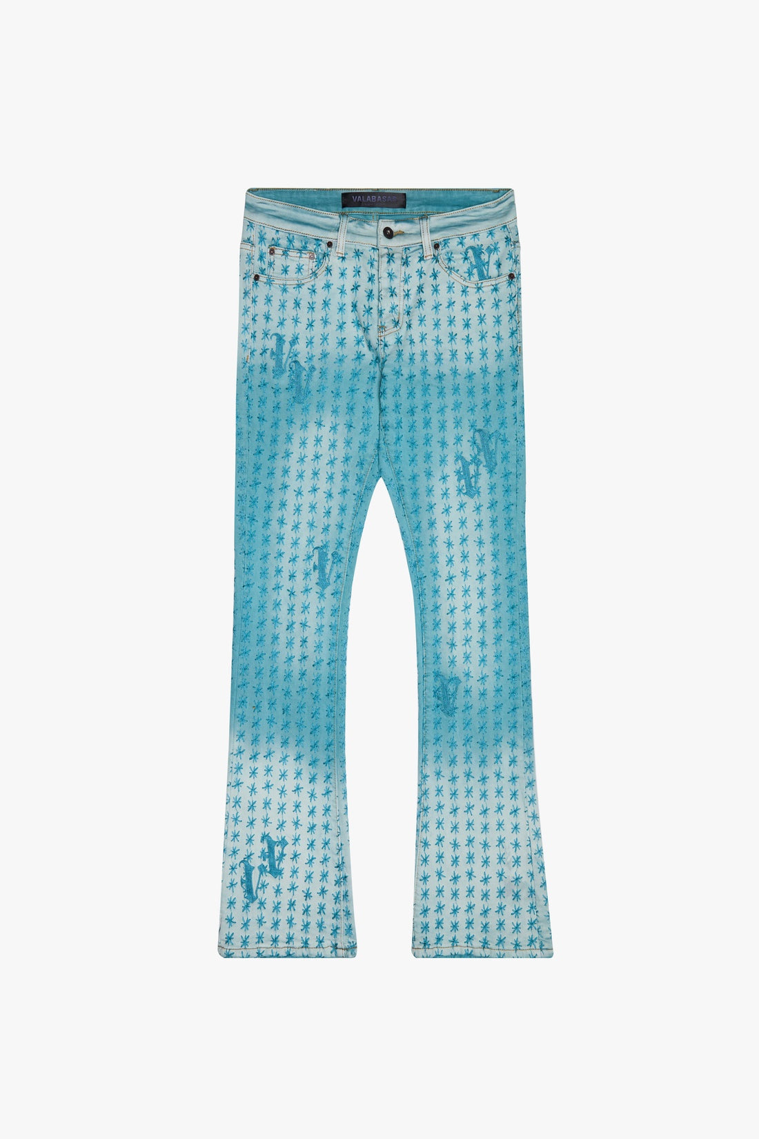 Front view of Valabasas Asterisk Light Blue/Blue Stacked Flare Jeans on model