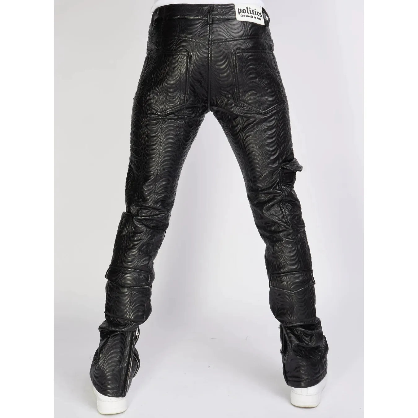 High-quality PU leather stacked black jeans with cargo pockets and stylish details