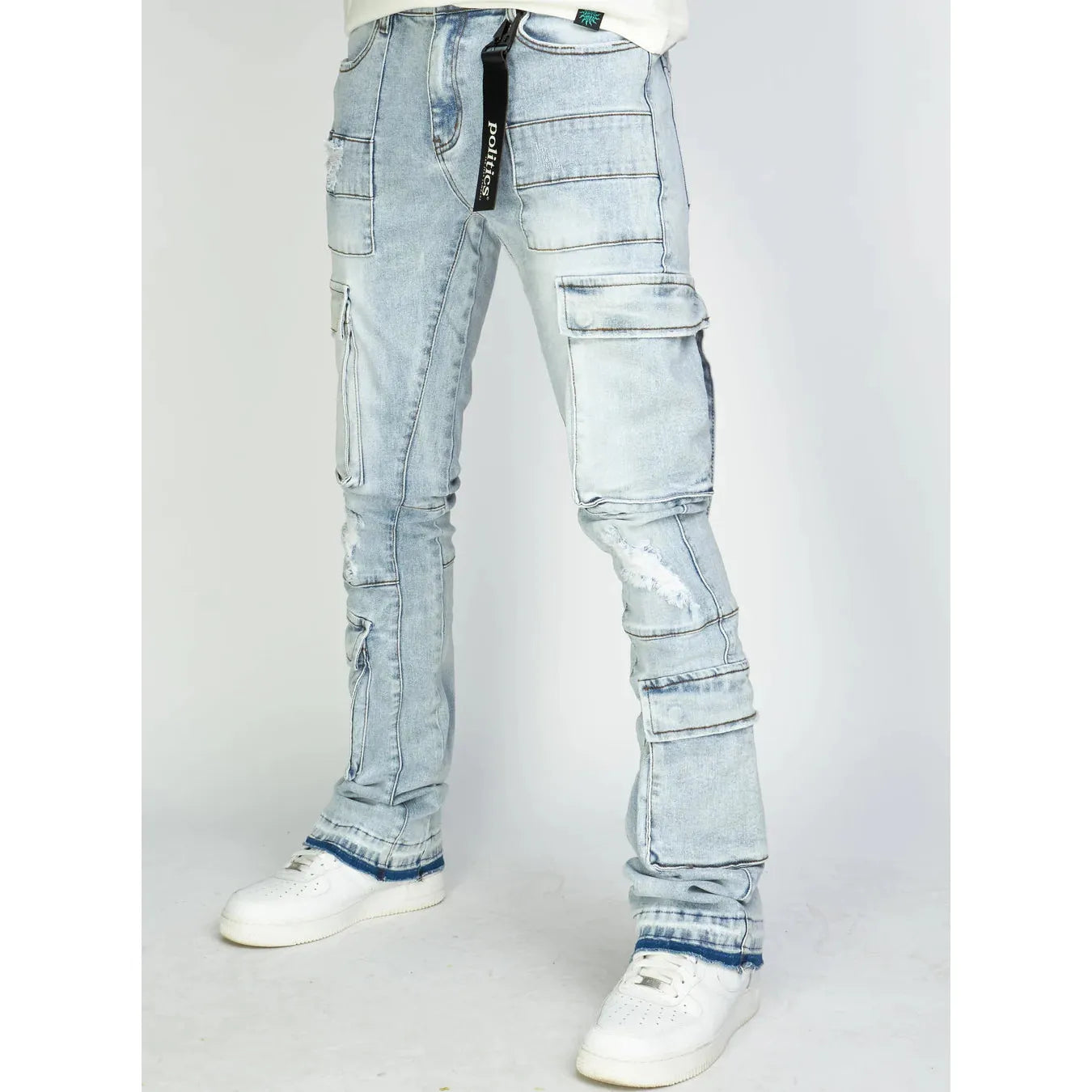 Close-up of the multi panelled design and flare cut of the jeans