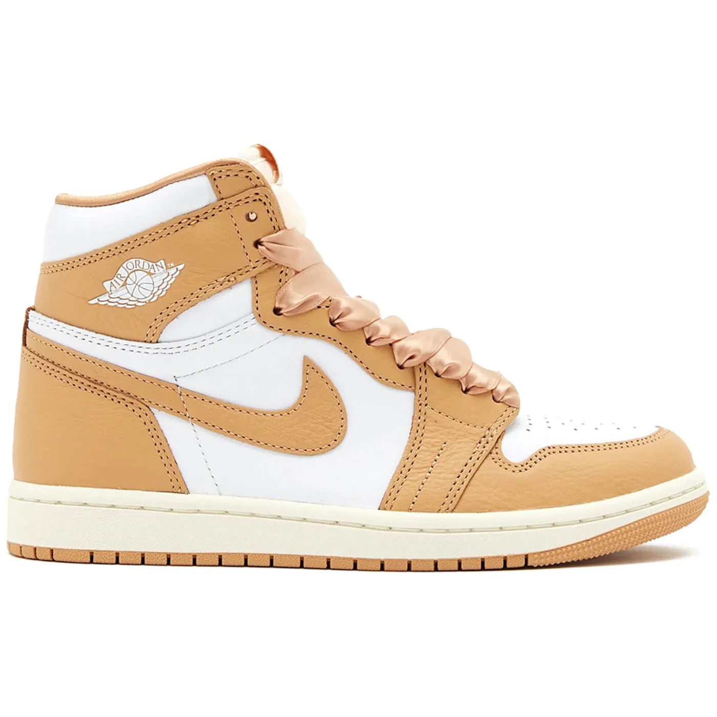 Close-up image of the Jordan 1 Retro High OG - Praline (W) women's sneakers in a light brown colorway, featuring the iconic Nike Swoosh and high-top design