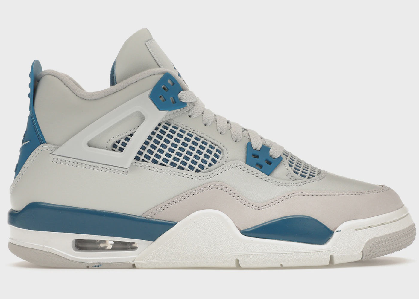 Close-up image of Jordan 4 Retro - Military Blue (2024) (GS) (HF4281-141) sneakers with white and blue colorway, lace-up design, and iconic Air Jordan logo on the heel