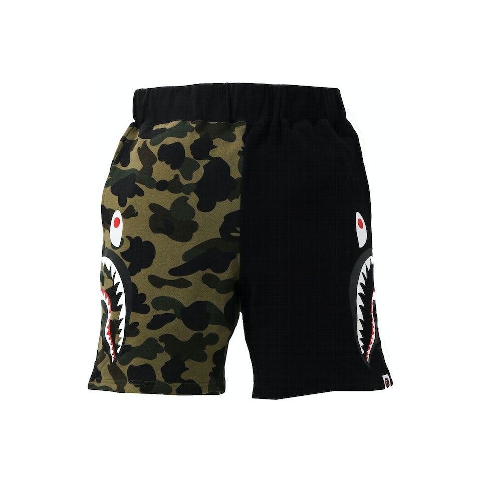 BAPE 1st Camo Half Side Shark Sweat Shorts in Green, a trendy and stylish casual wear option with unique camo design