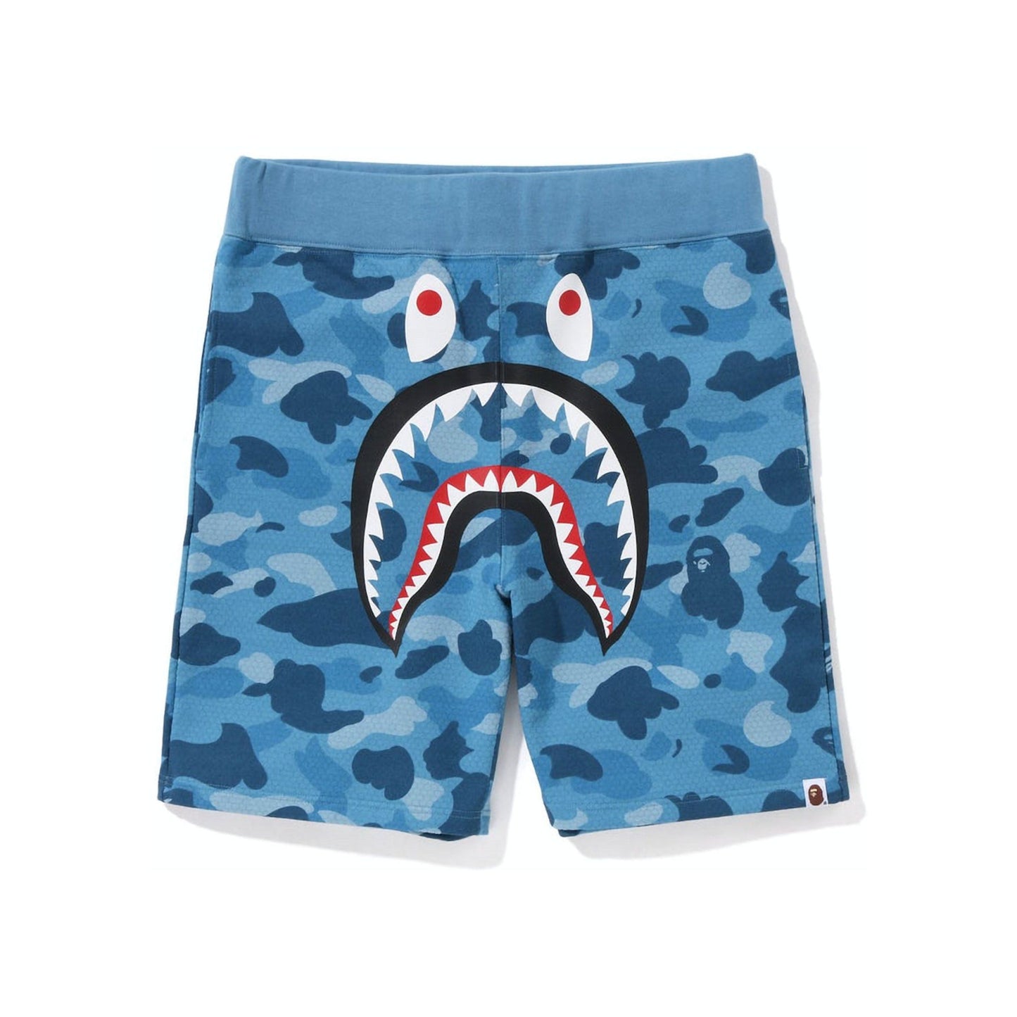 Blue BAPE Honeycomb Camo Shark Sweat Shorts with iconic shark logo