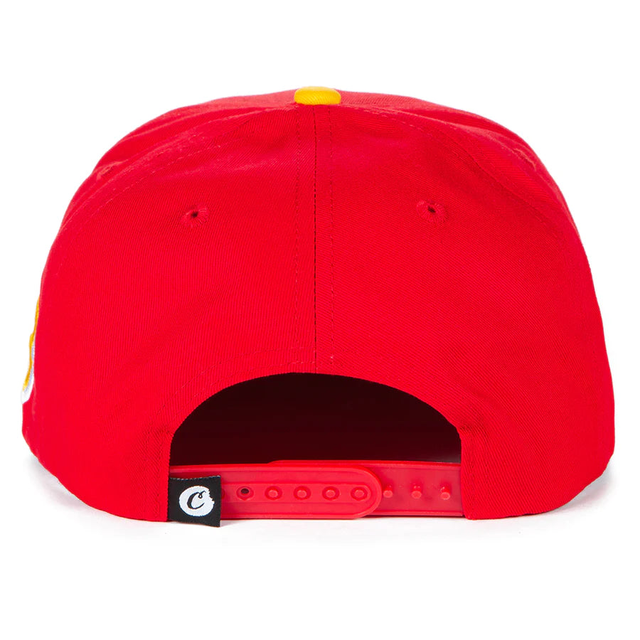 Red snapback hat with 'Cookies Breakaway' logo embroidered in white
