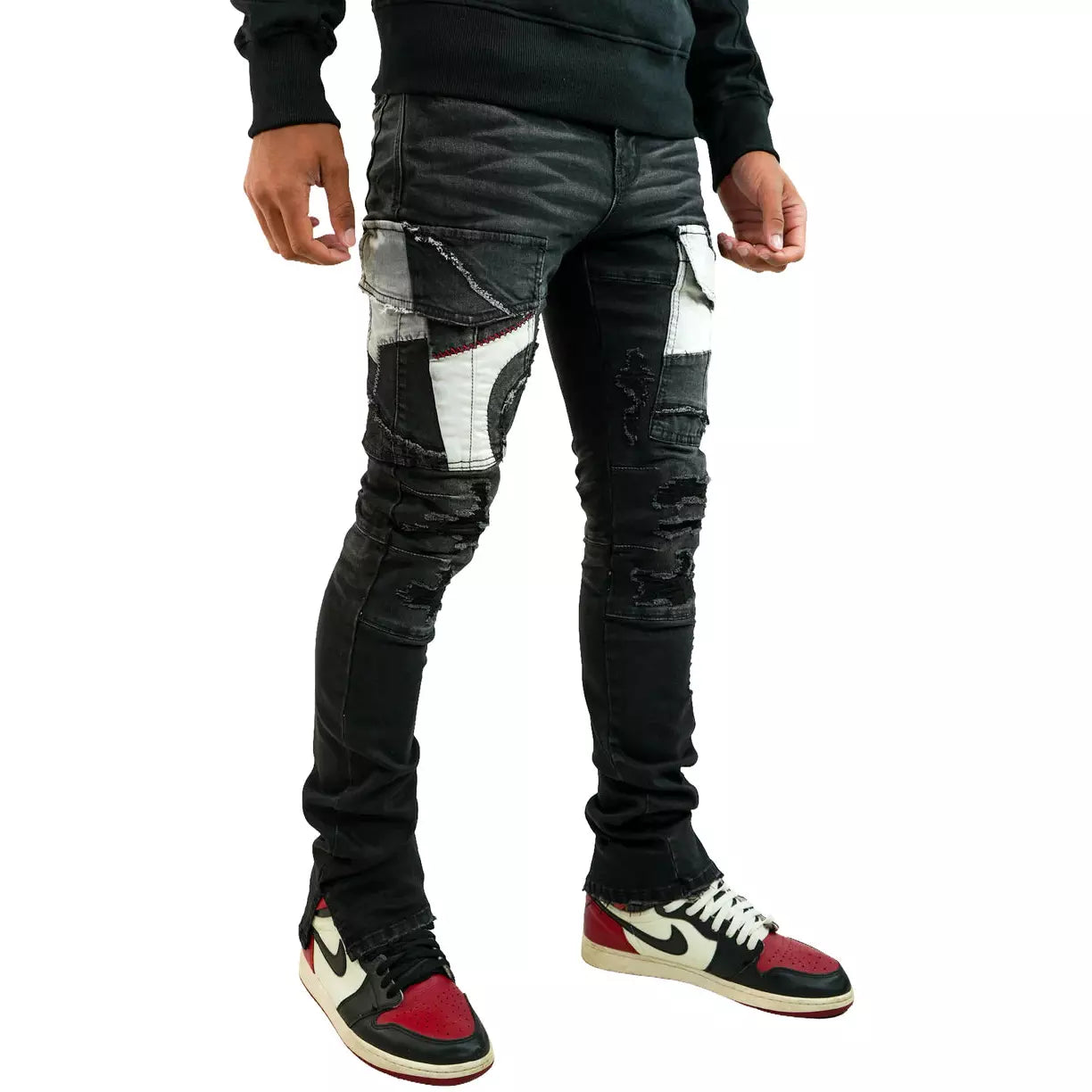 Close-up of the durable and high-quality denim material used in PREME Black Pockets Denim Jeans (PR-WB-1203)