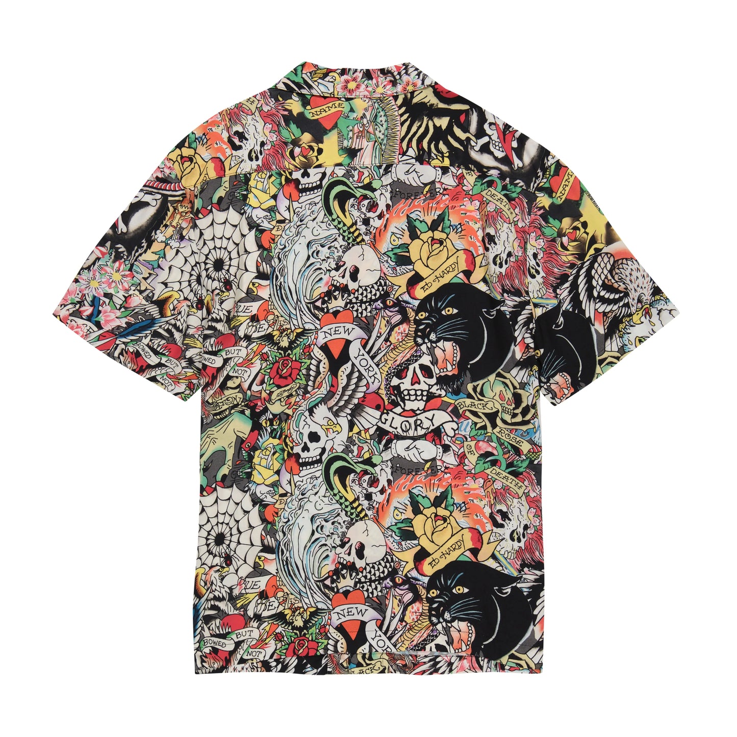 Two images of the Ed Hardy Tattoo Collage Print Button Up in Multi, showcasing the detailed tattoo print and vibrant colors