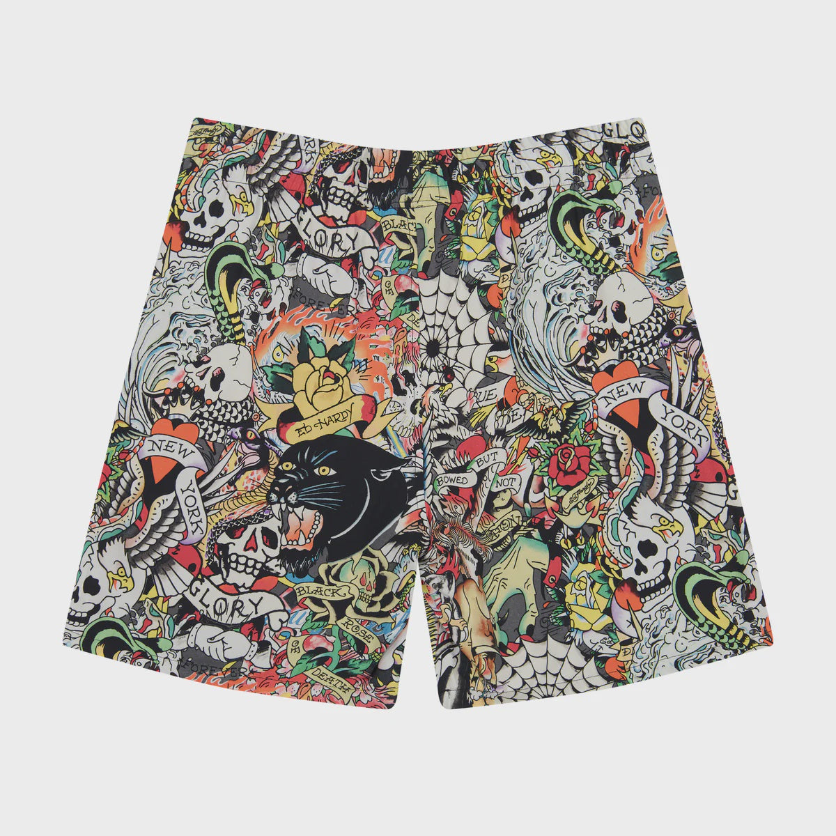 Colorful Ed Hardy Tattoo Collage Print Shorts in various shades and patterns on a white background