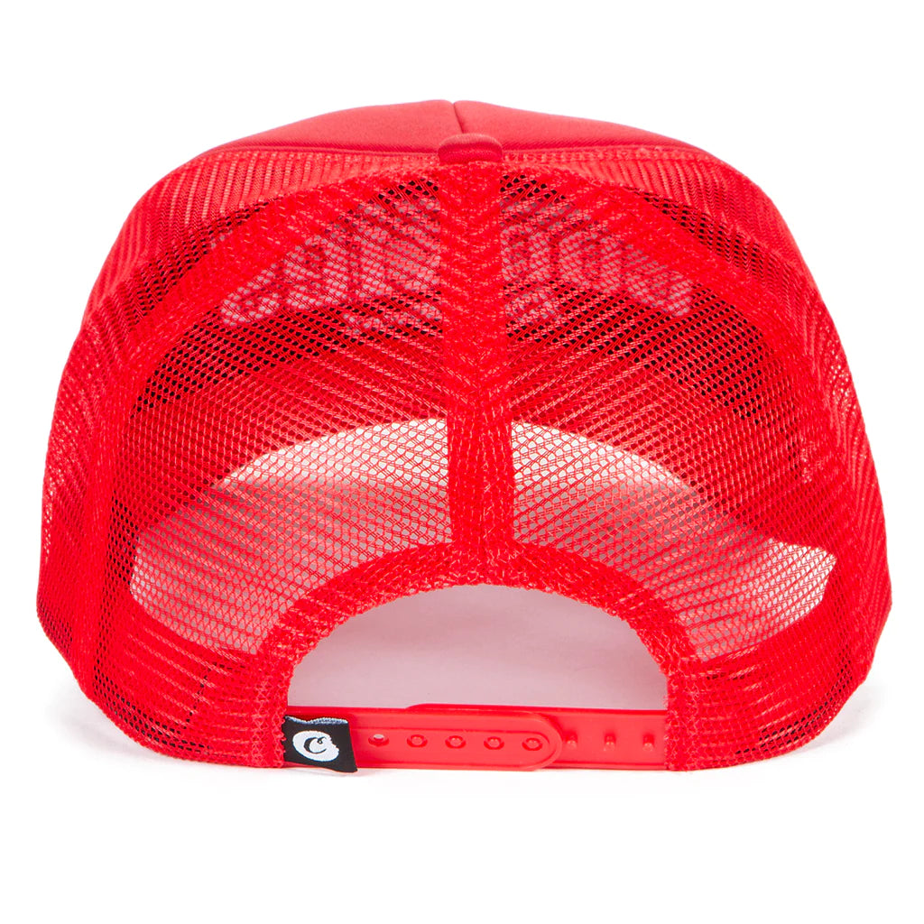 Close-up of the Cookies Enzo Red Trucker Hat showing the adjustable snapback closure and curved brim