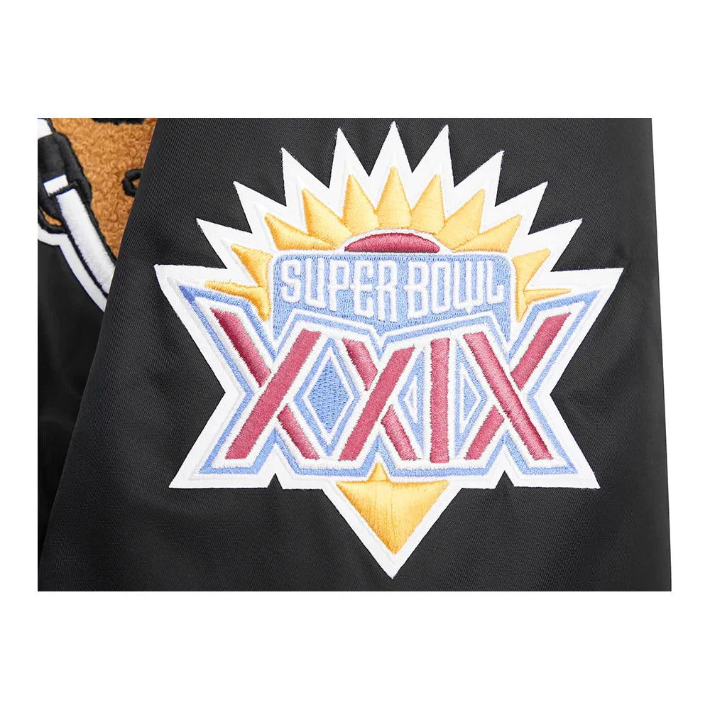 Pro Standard San Francisco 49ers Mash Up Satin Jacket - Black/Red/Black (FS46410414-BRK) displayed with iconic team branding and construction details
