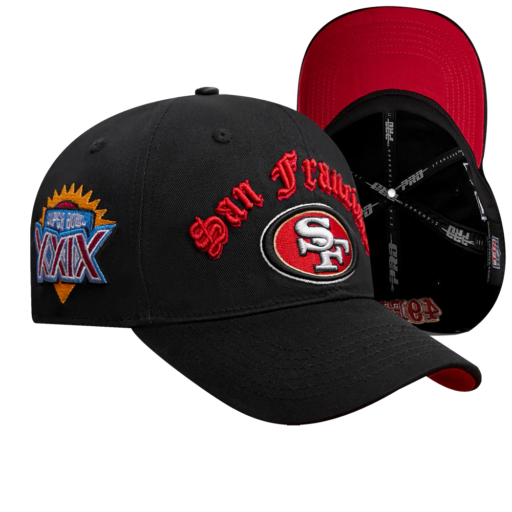 Black Pro Standard San Francisco 49ers Old English Dad Hat with embroidered logo and adjustable strap