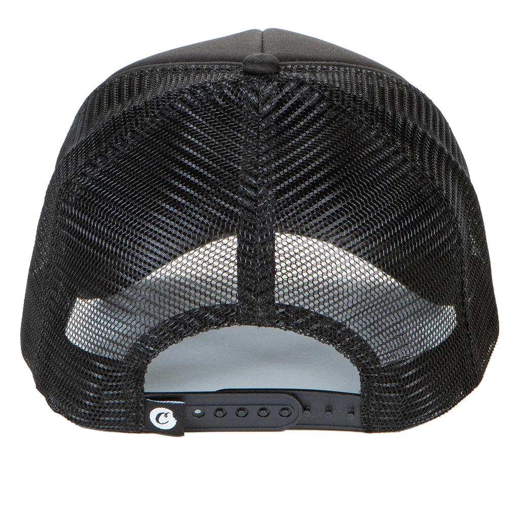 Black trucker hat with 'Cookies First Light' logo embroidered in white