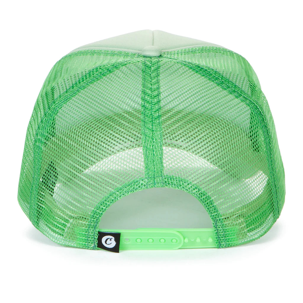 Side view of Cookies First Light Sage Trucker Hat showing the breathable mesh panels and curved brim design