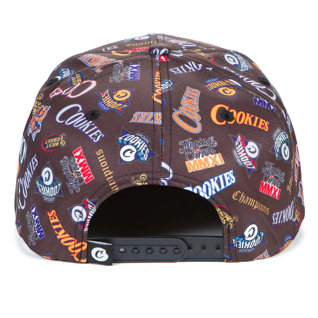 Black snapback hat with all-over print of cookies, perfect for casual wear