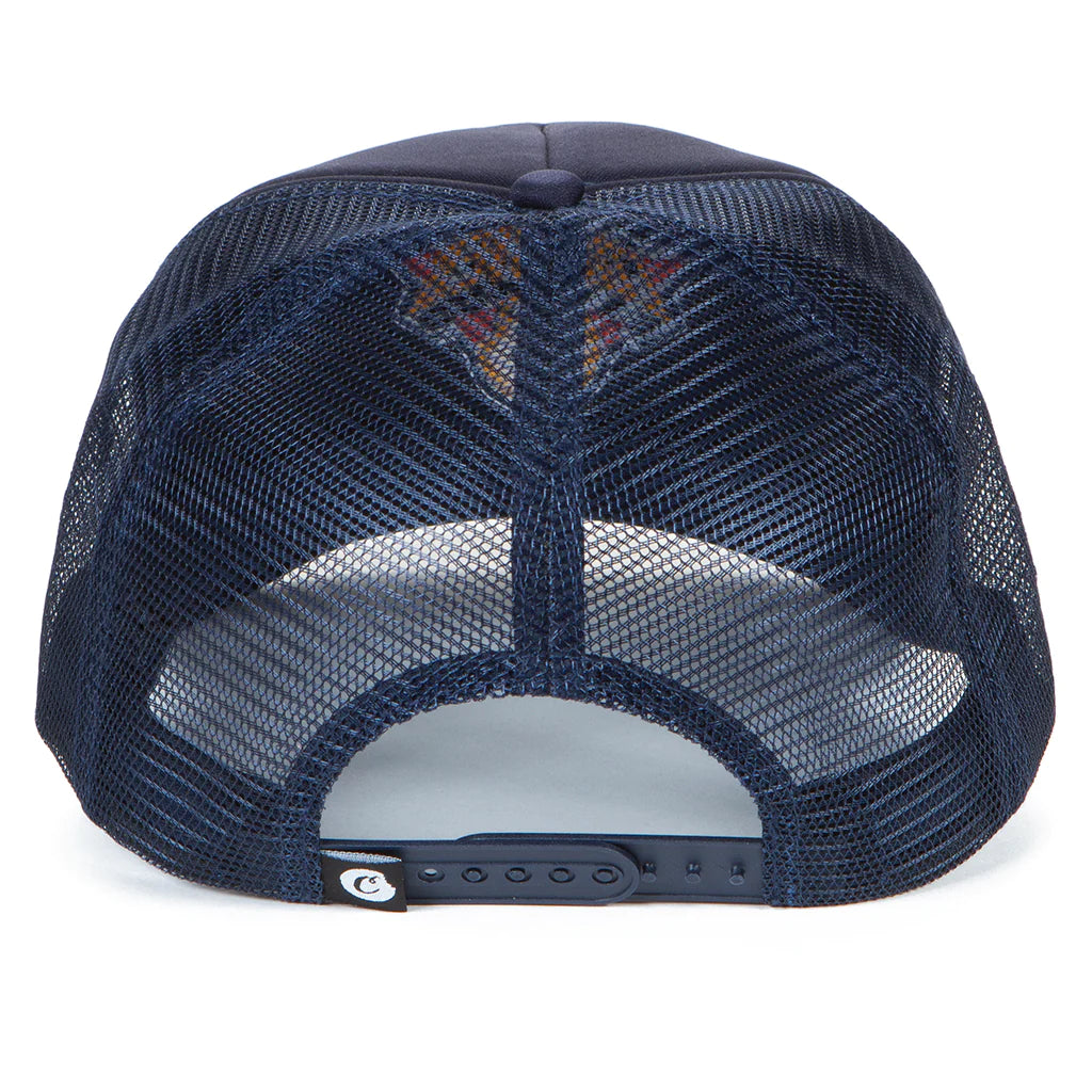 Side view of Cookies Full Clip Dark Blue Trucker Hat showing structured crown and curved brim