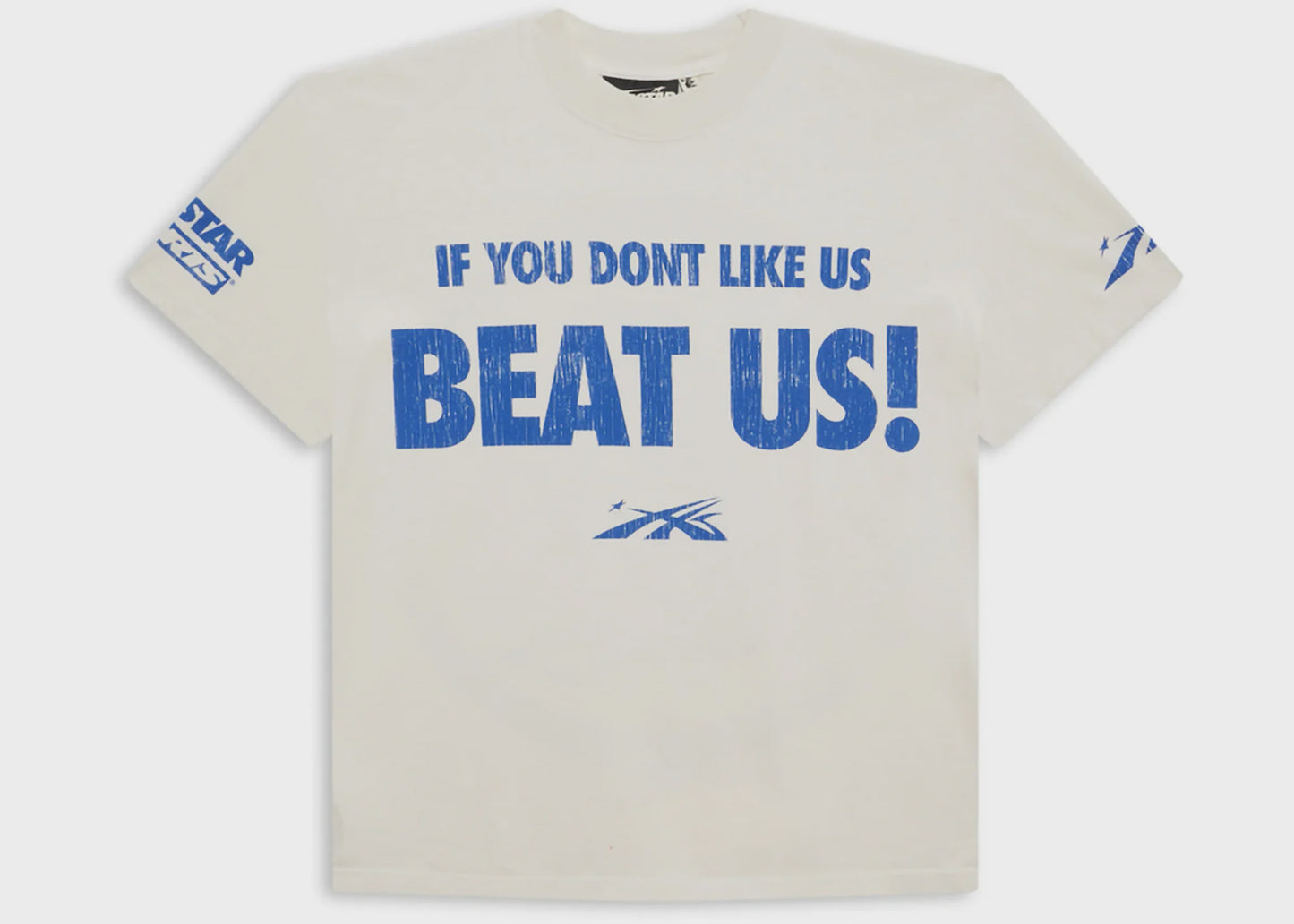White and blue HELLSTAR Beat Us! Tee featuring bold, eye-catching graphics