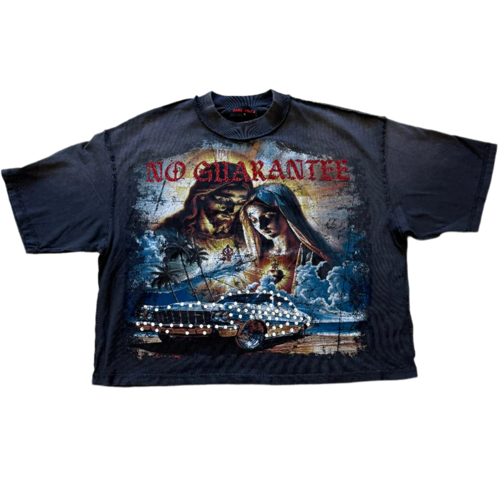 Comfortable dark grey cotton T-shirt featuring the No Guarantee graphic design on the front