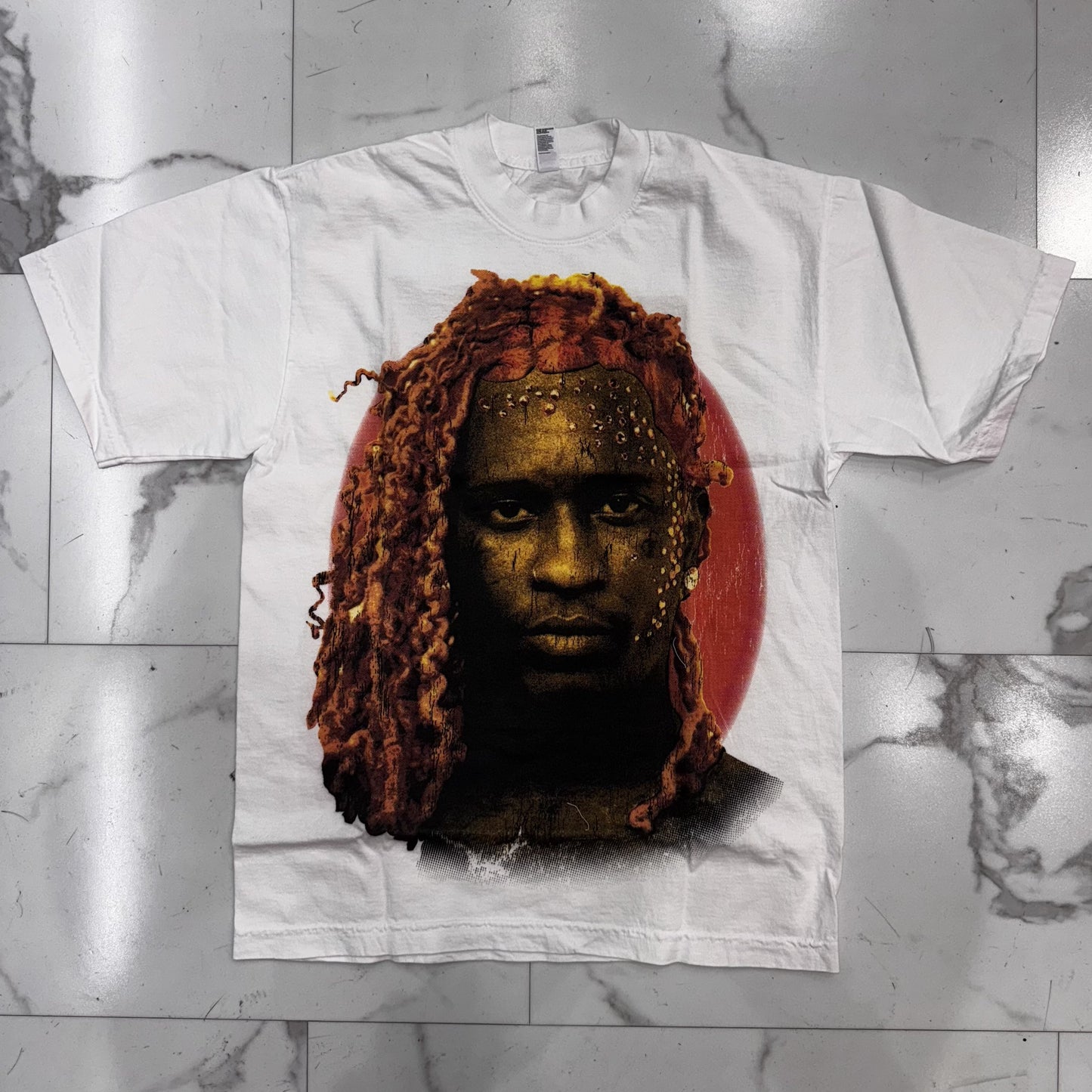 White vintage Demand Young Thug Big Head Tee with jumbo print, made in Los Angeles from 100% cotton, shrink free and dropped shoulder design