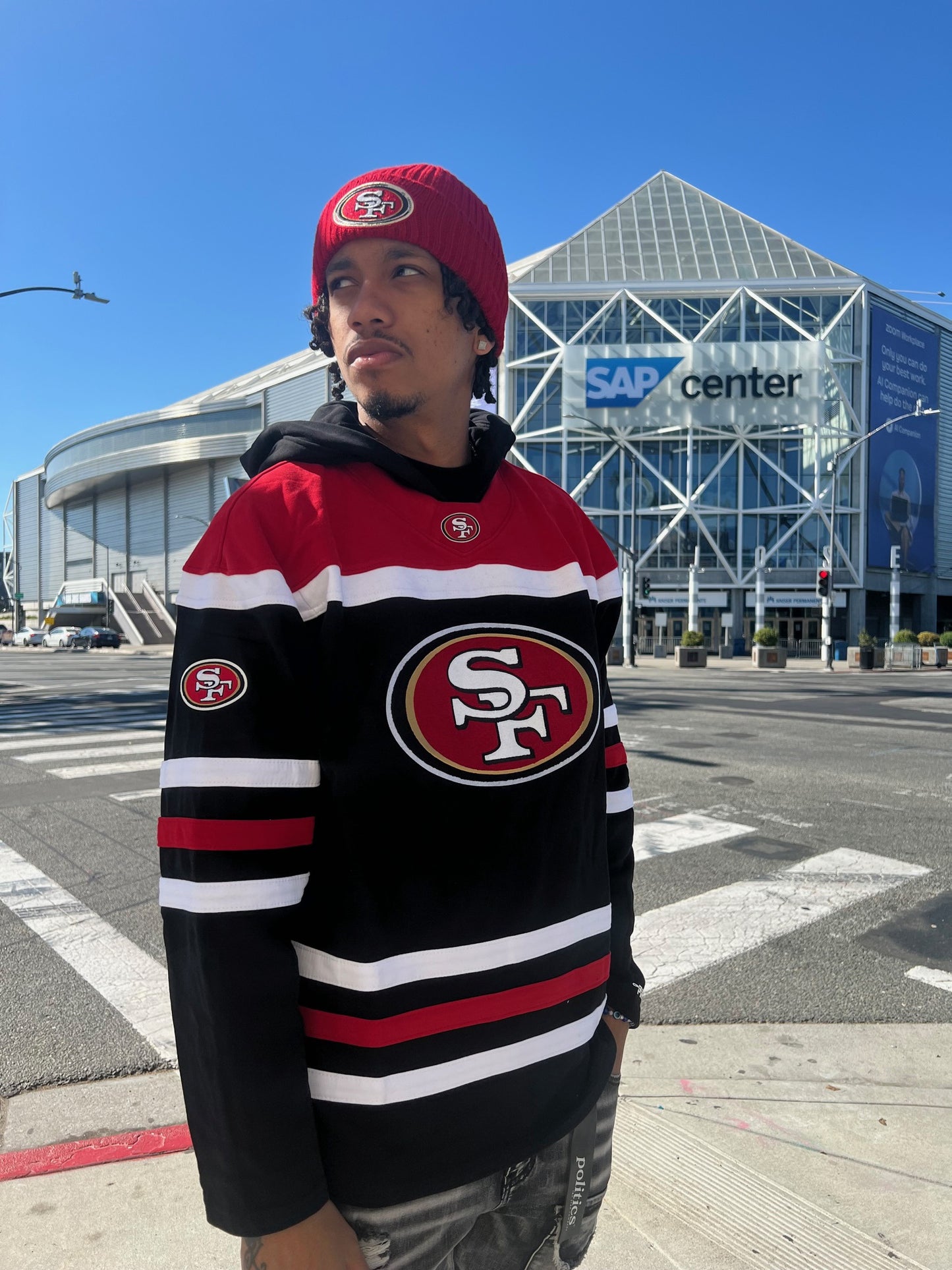 Black, white, and red San Francisco 49ers classic hoodie with Pro Standard logo