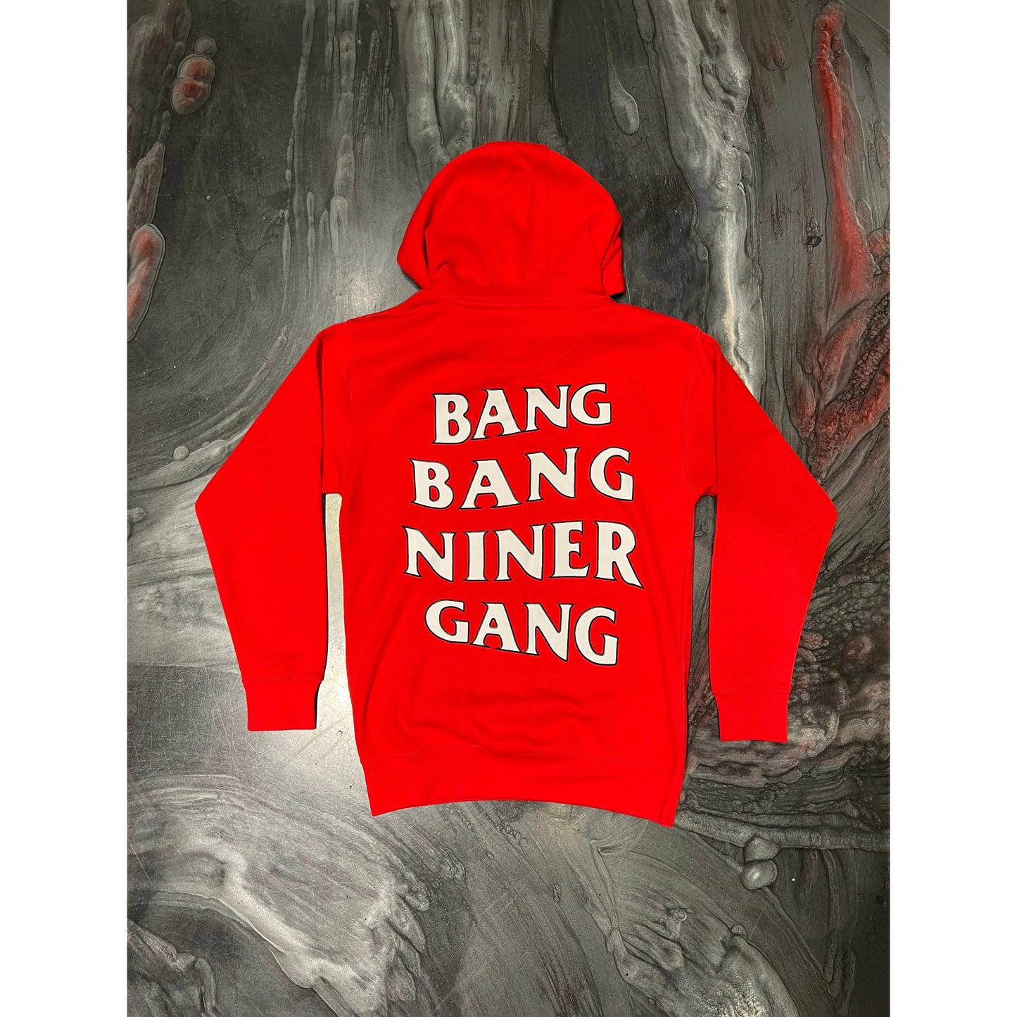 Back view of the comfortable and trendy Bang Bang Niner Gang Red Hoodie featuring bold team graphics and a cozy hood for chilly days