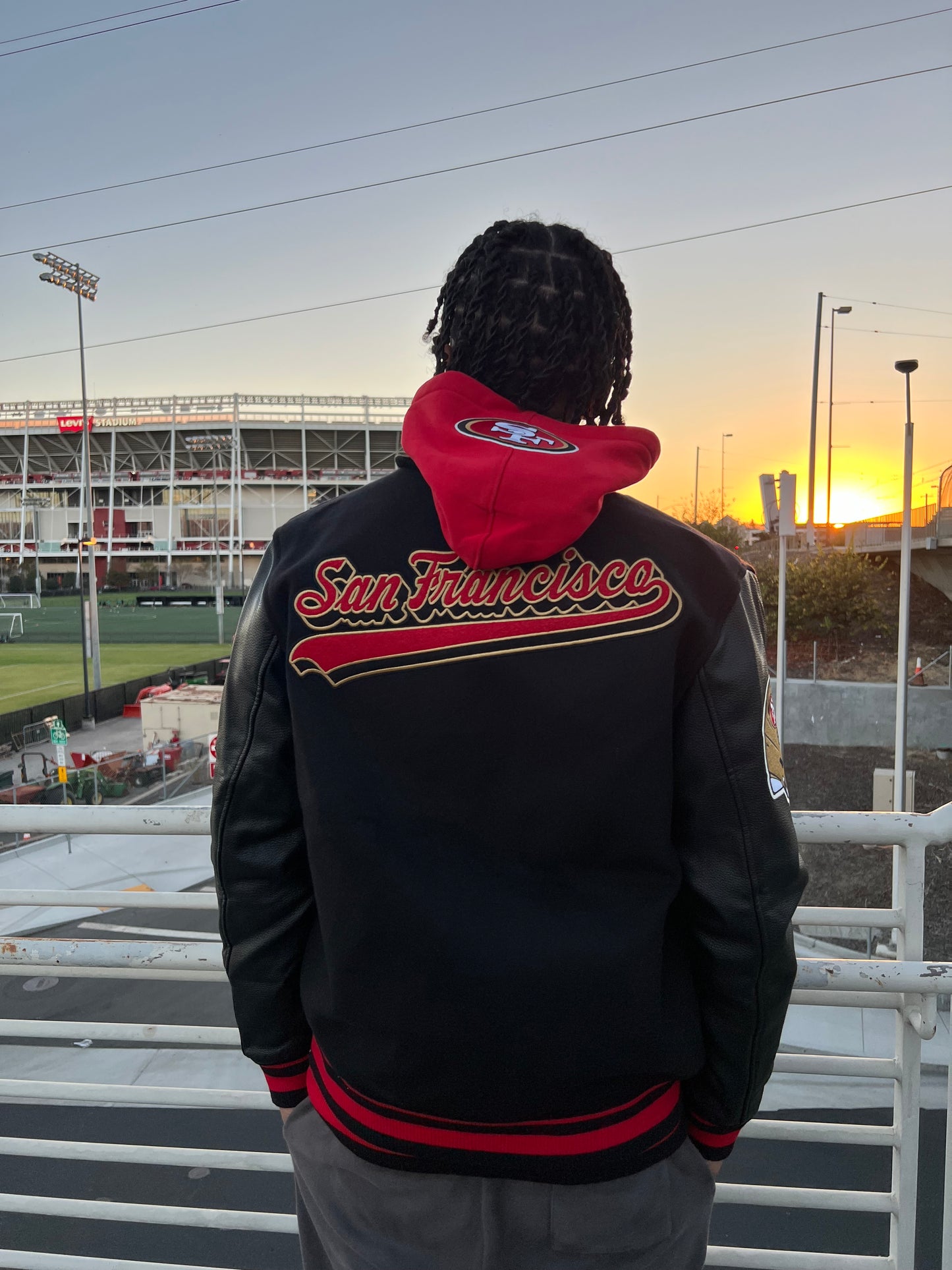 Pro Standard San Francisco 49ers Script Tail Varsity Jacket - Black/Red back view with embroidered team name and colors