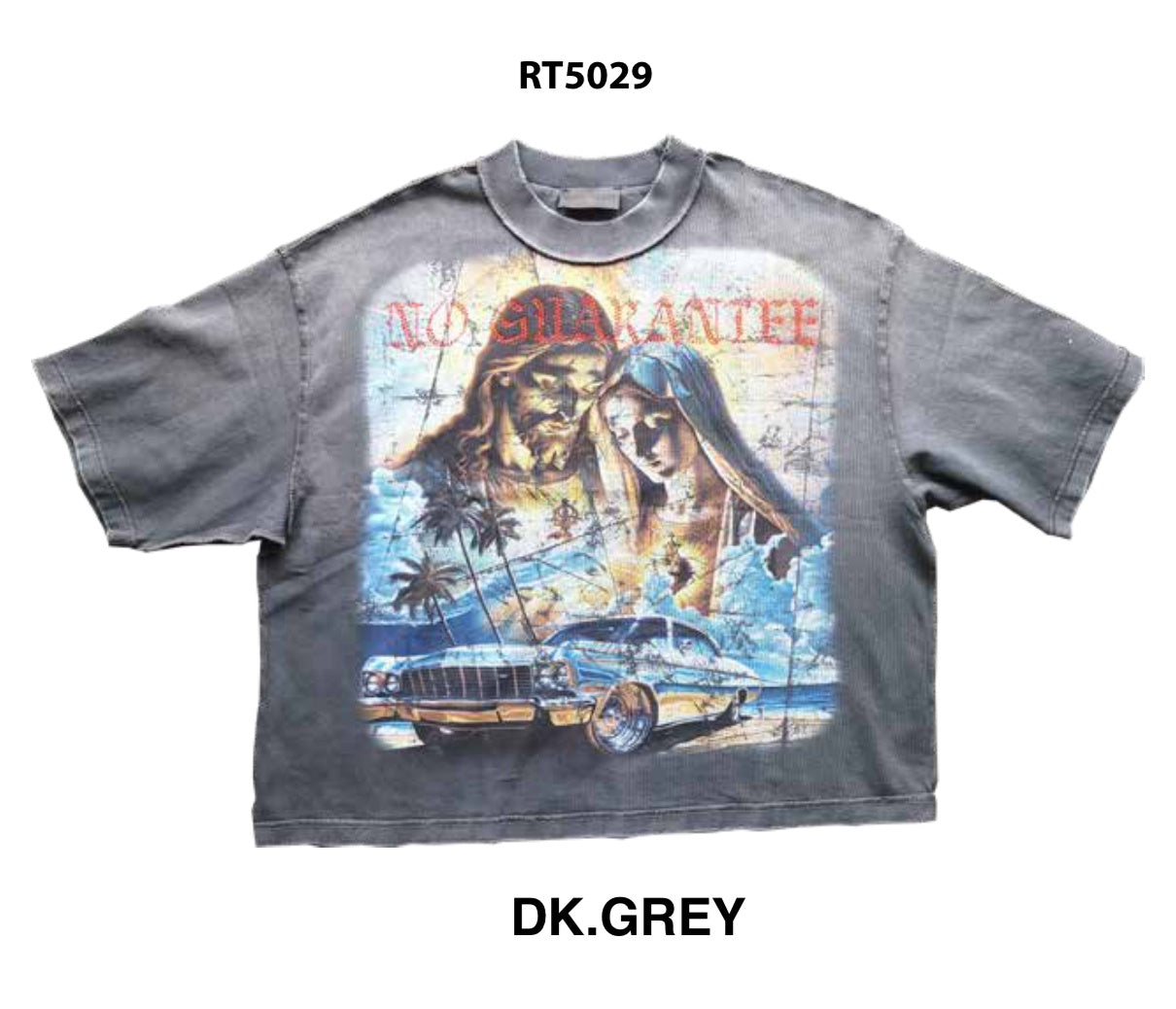 Full view of the Rare Peace No Guarantee Dark Grey Tee highlighting its casual fit and the detailed print and flocking finish on the fabric