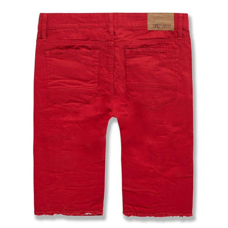Pair of Jordan Craig Red Biker Denim Shorts (J709S) featuring a bold red color and trendy biker style