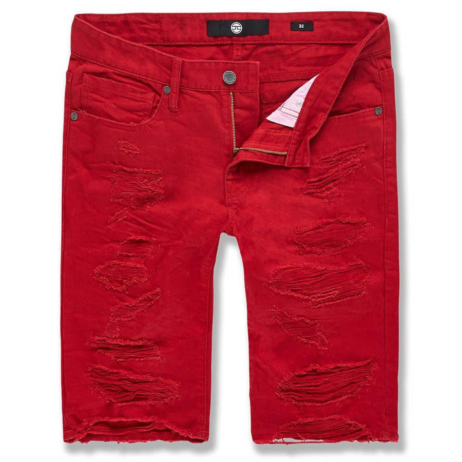 Red Jordan Craig biker denim shorts (style J709S) with distressed detailing and frayed hems