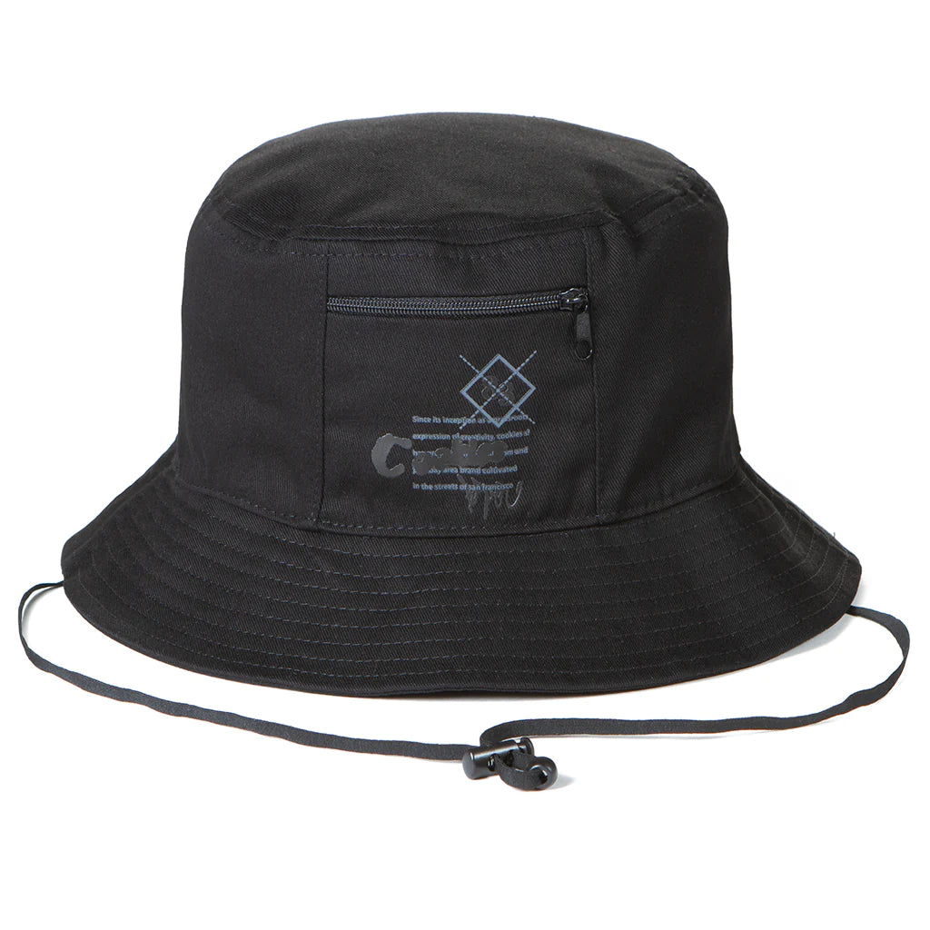 Close-up of Cookies Key Largo Black Bucket Hat with logo detail and adjustable chin strap