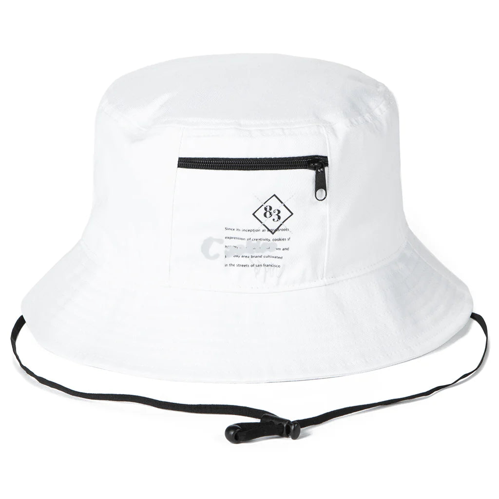 Side view of Cookies Key Largo White Bucket Hat showcasing the wide brim and durable construction, perfect for outdoor activities
