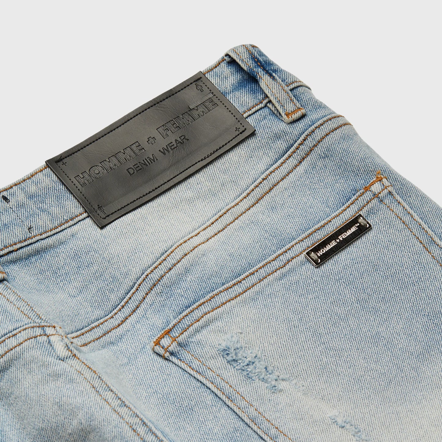 Back view of the Homme + Femme Letterman Denim Blue w/Yellow jacket with bold yellow lettering and spacious pockets